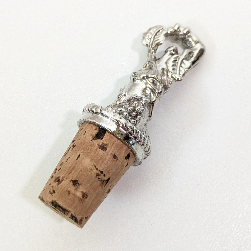 VTG Style Silver Wine Stoppers Set of 2 Grapes Barrel Bottle Cork Vineyard Decor
